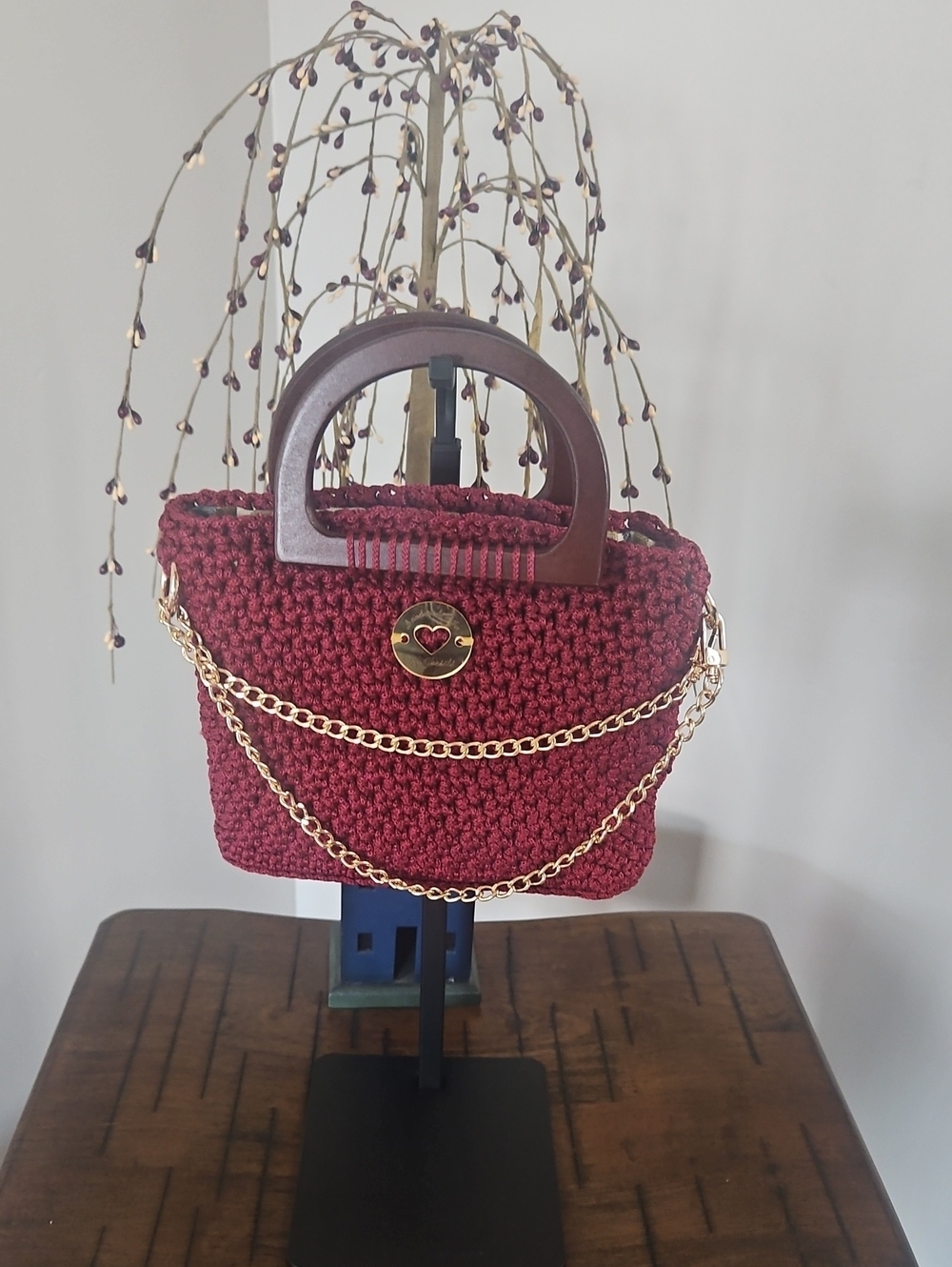 Burgundy Hand Crocheted By Me Mini Bag with Gold Chain Accent